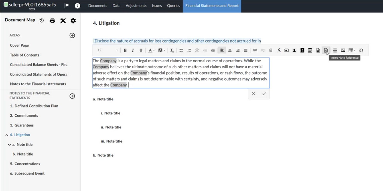 The user interface for inserting a note reference in a financial document.