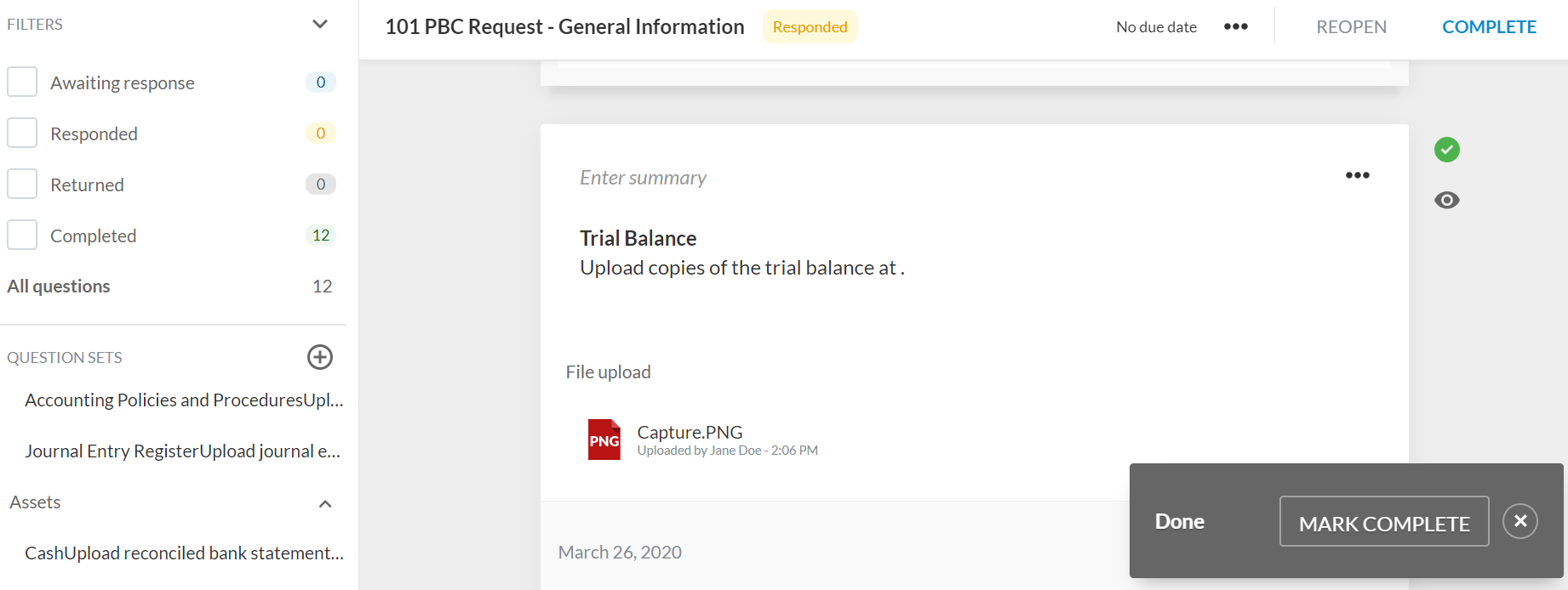 MARK COMPLETE button displays in the notification below and in the document.