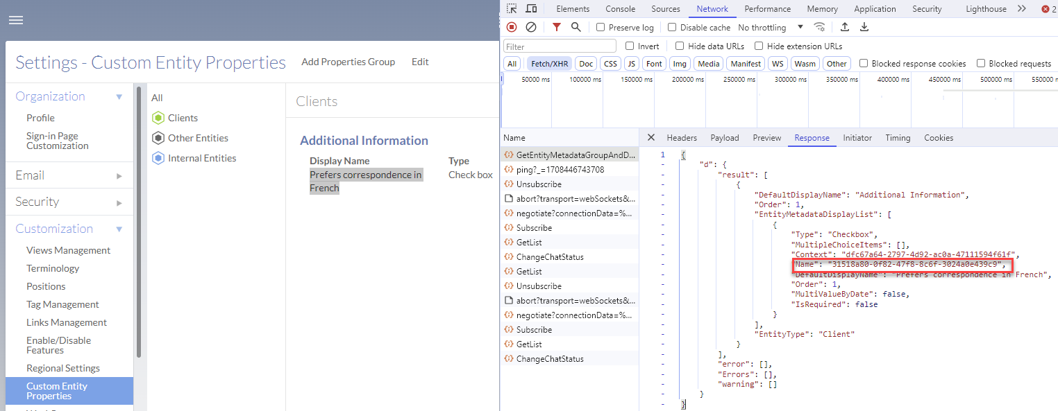 Locating the Name attribute for a custom entity property to obtain its GUID