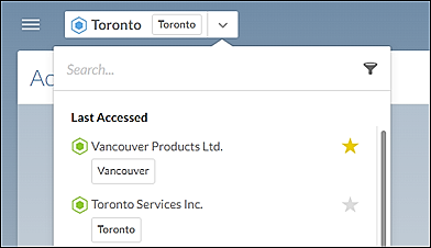 The Entity selector drop-down menu displaying a list of last accessed entities and their parent business units.