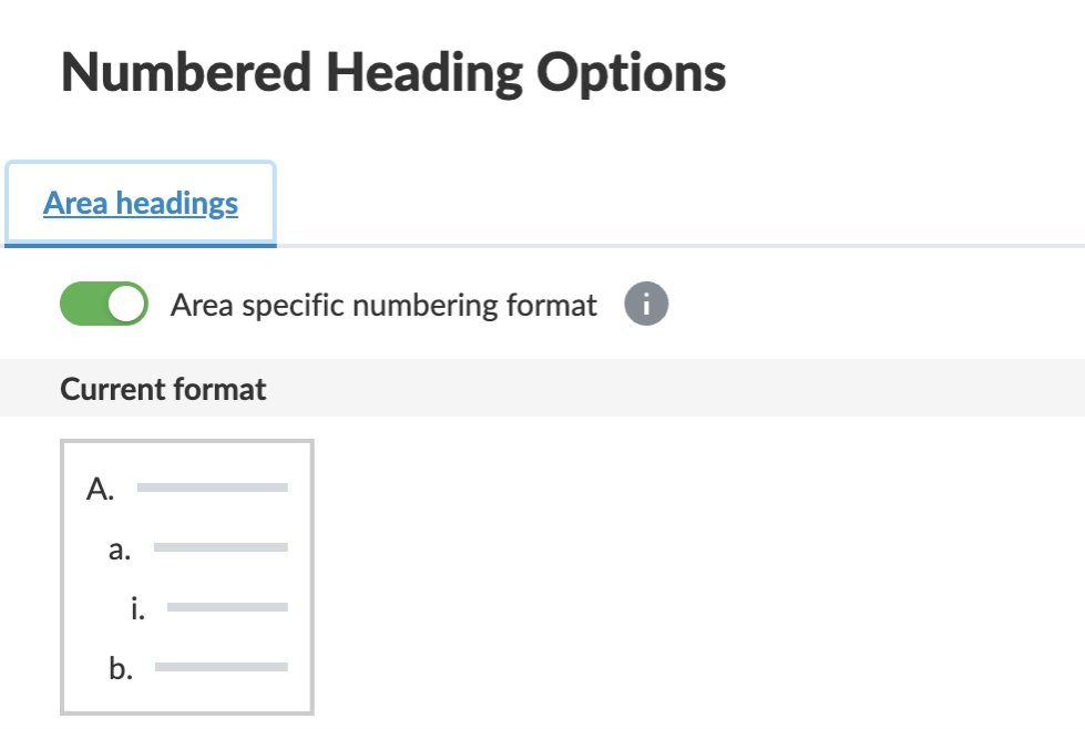 Numbered headings in area tab