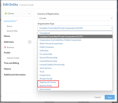 Selecting the Registered Charity or Not For Profit organization type