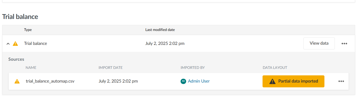 Partial trial balance indicator showing an existing account in the current engagement is duplicated in the import.