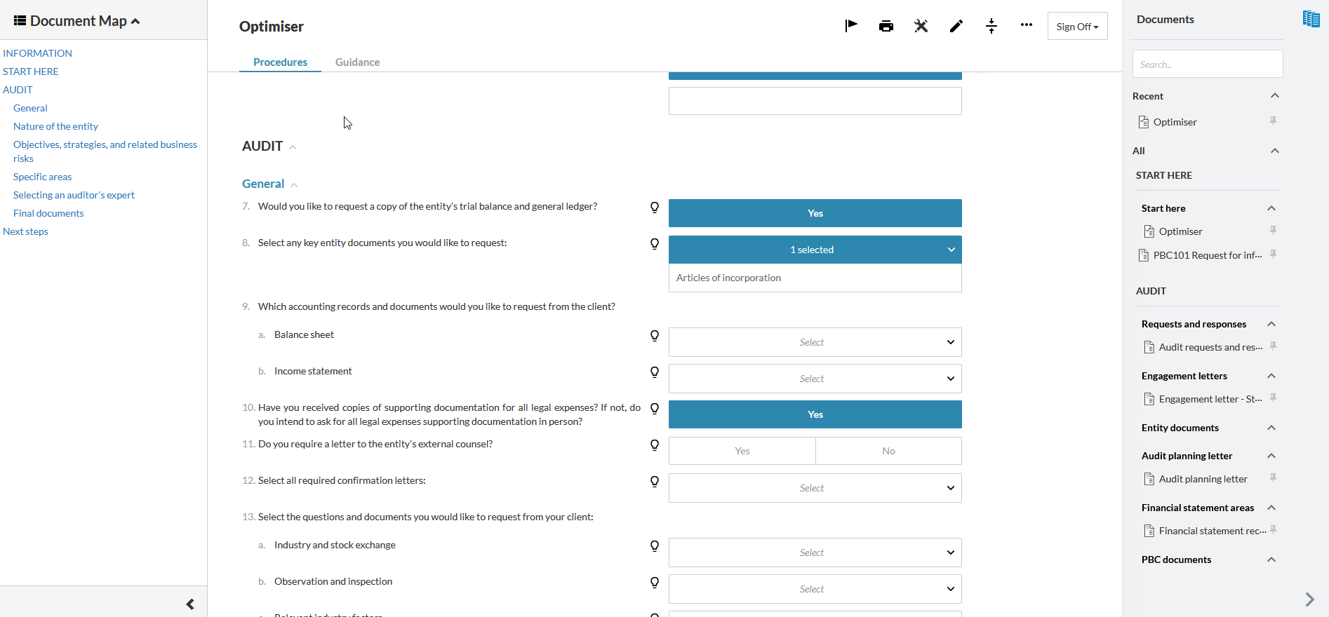  Based on the responses in the Optimiser, the AUDIT phase populates the highlighted documents.