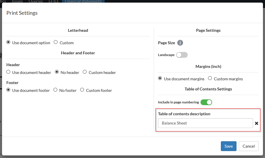 Print settings dialog for trial balance area.