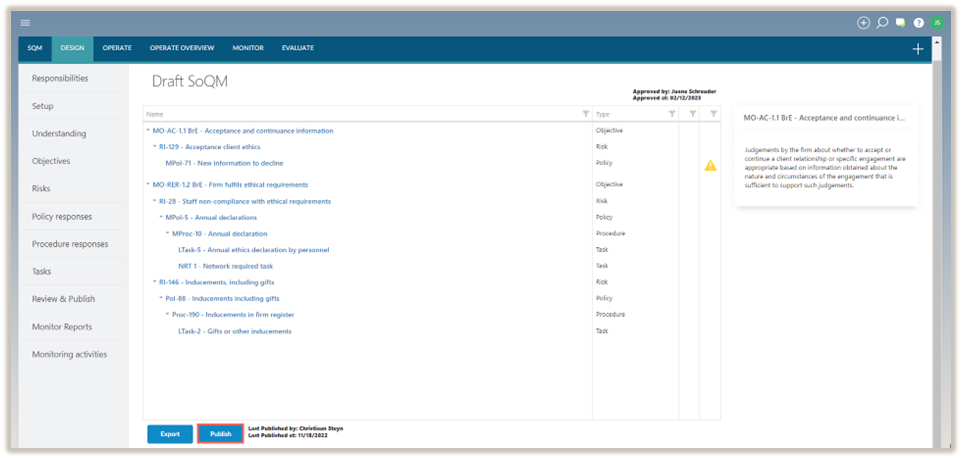 Publish the approved SoQM.
