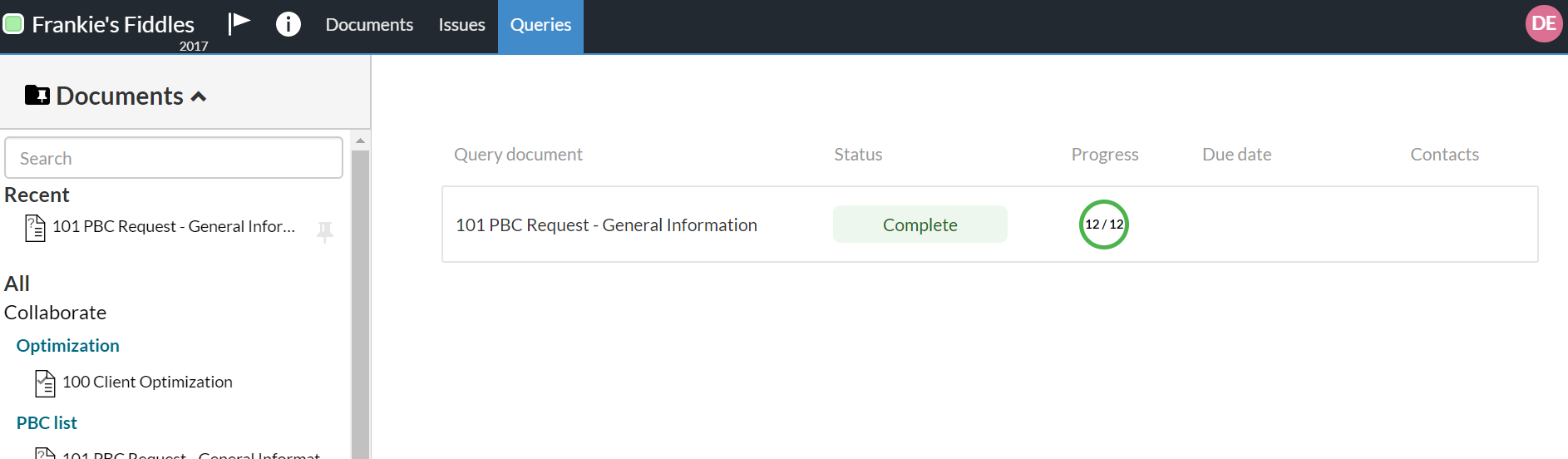 Query dashboard showing an overall status of the PBC Request document.