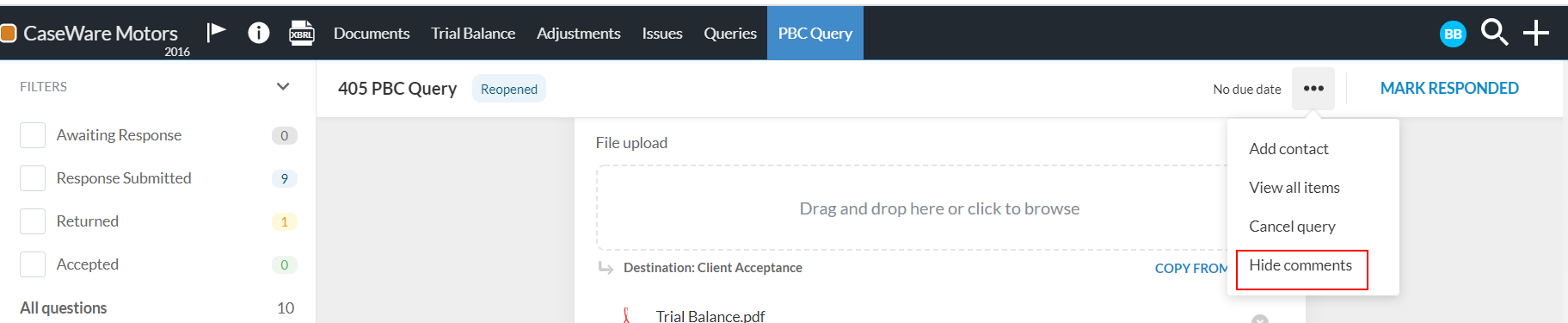 The Hide Comments option in the More actions menu.