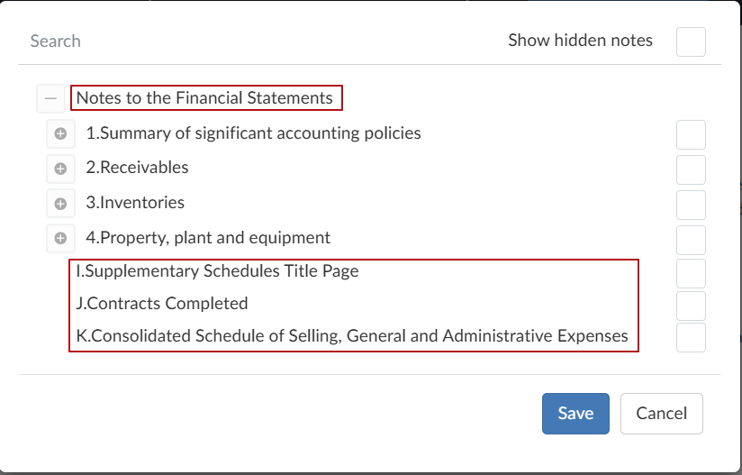 The dialog box for selecting Notes and Area headings to link as reference within a document.