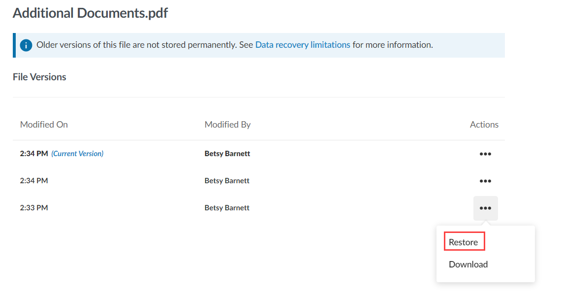 The Restore option for a previous file version.