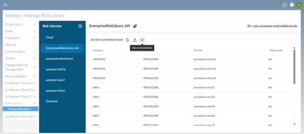 The user interface for clearing customizations from the risk library.