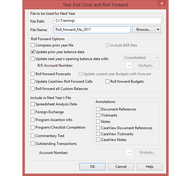 Select the settings for the year end close. This will determine the information that will be carried forward.