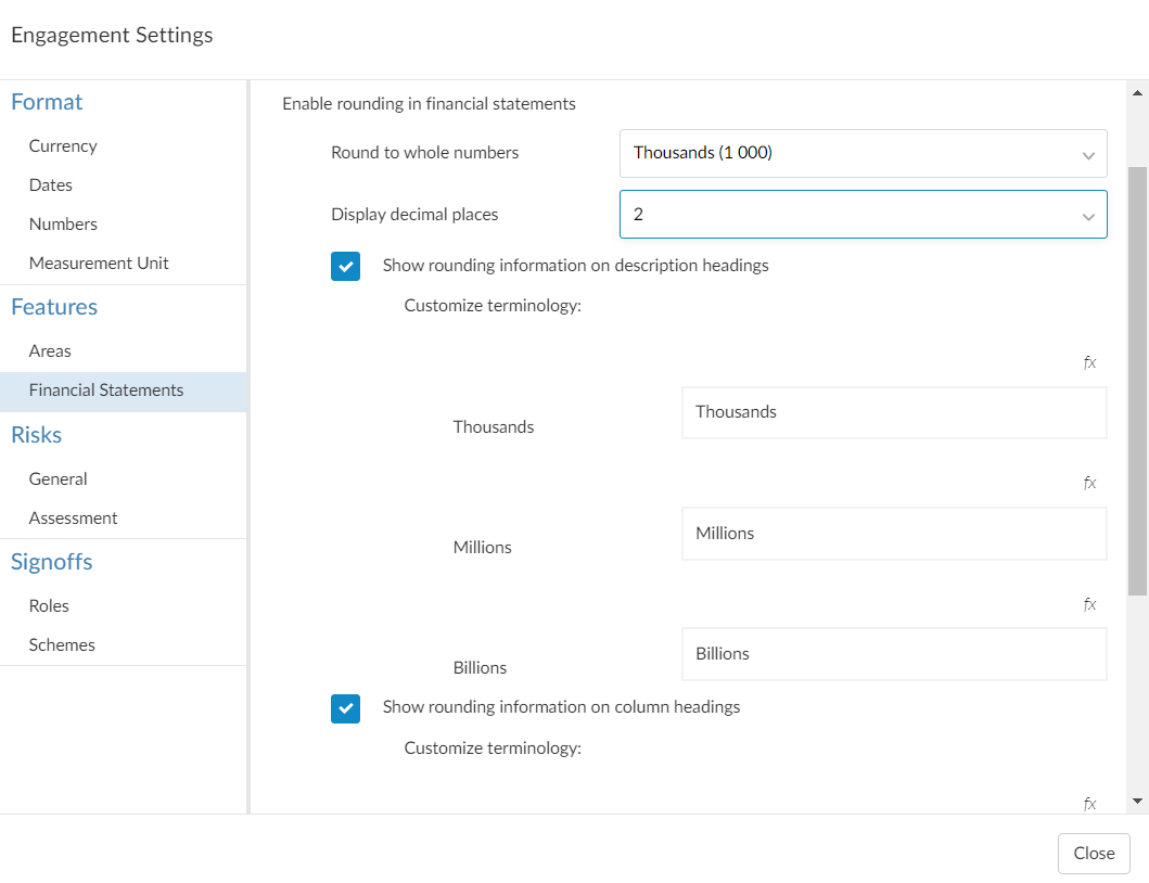 The Rounding settings in the engagement settings dialog.