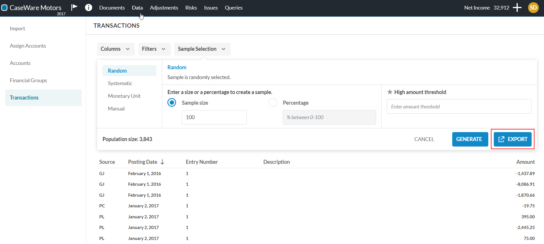 Select the EXPORT button after you generate a sample.