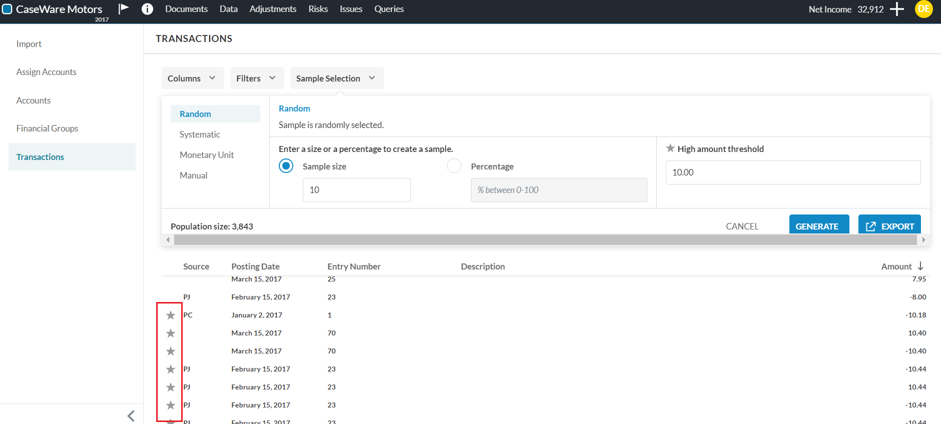 Transactions with high amounts (based on a threshold of 10) have been included in the sample selection result marked by the star icon.