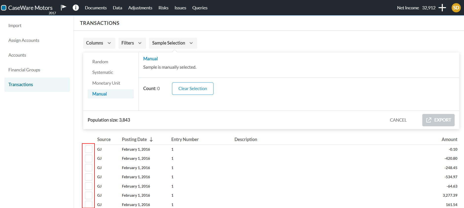 Select the check box for a transaction to include it in the sample.