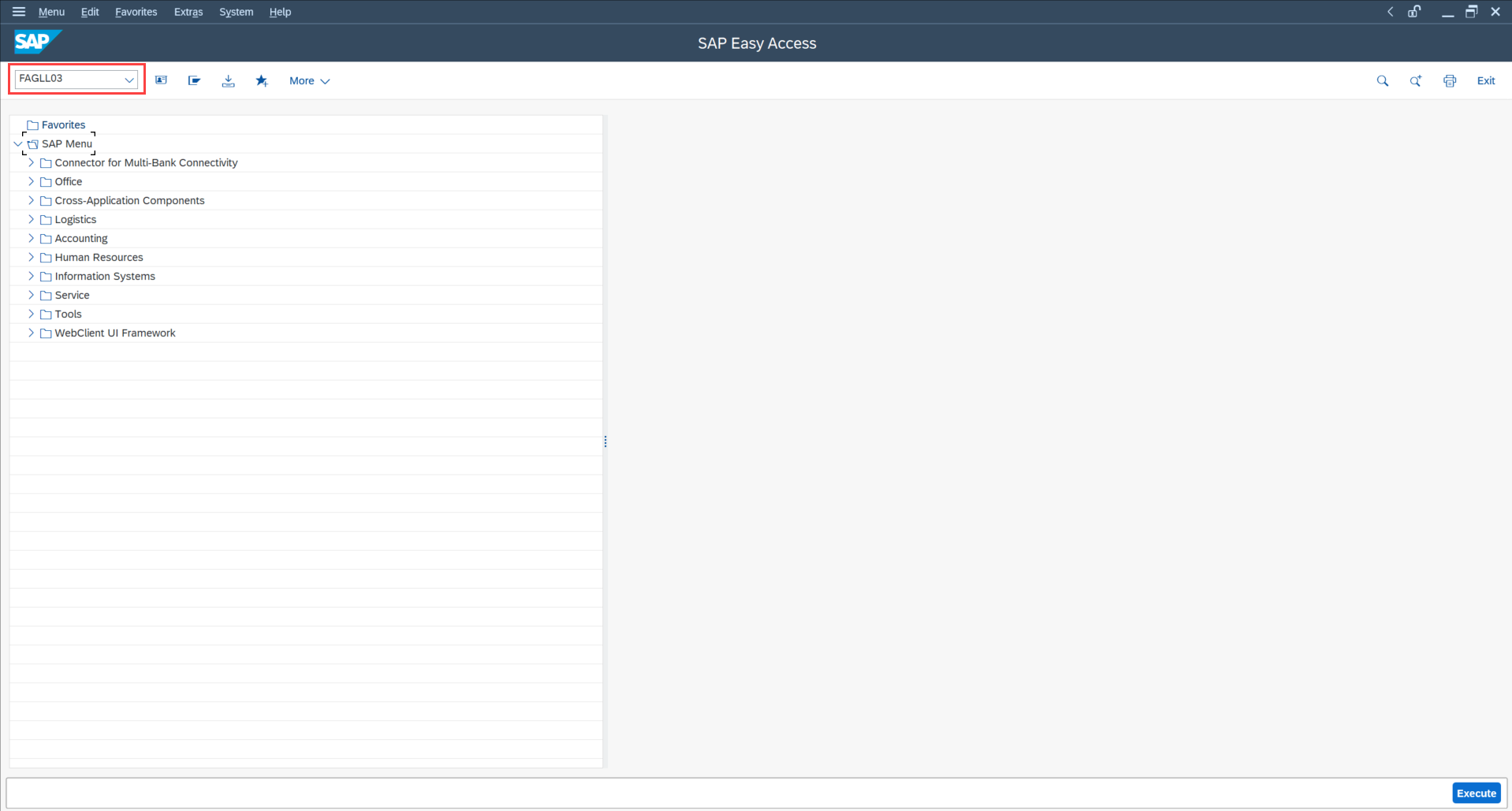 The transaction code entered in the SAP menu bar.