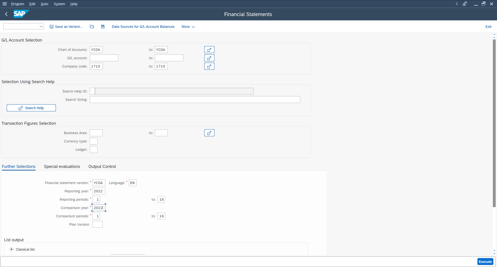 The Financial Statements screen of SAP with the correct information entered in the required fields.