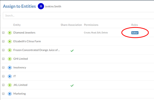 This user has been granted the Editor role for a specific entity.