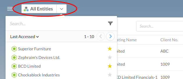 Choose a client entity from the entity selector to filter your view in Cloud.