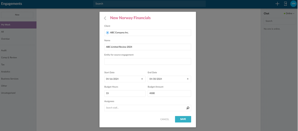 Enter information for a new Engagement.