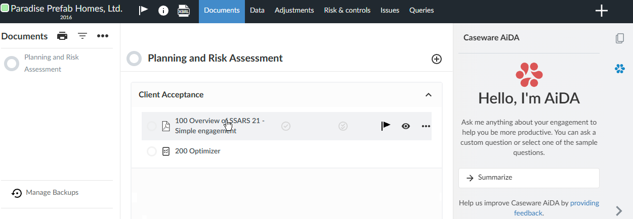 Selecting an engagement document for AiDA to summarize.