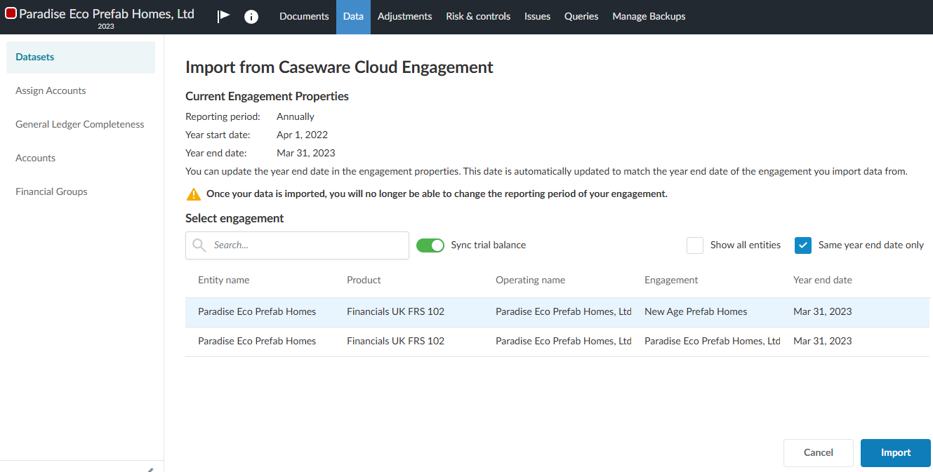 Selecting the source engagement whose trial balance you want to share with the current engagement. 