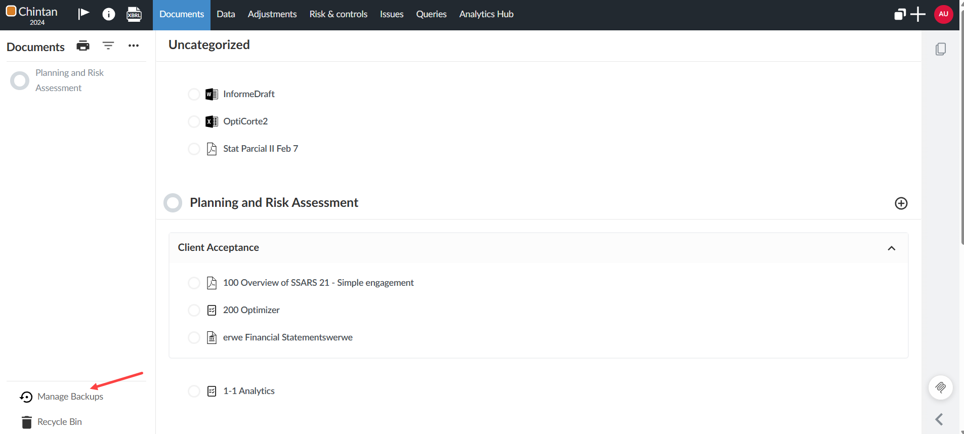 The user interface for selecting the icon to Manage backups.