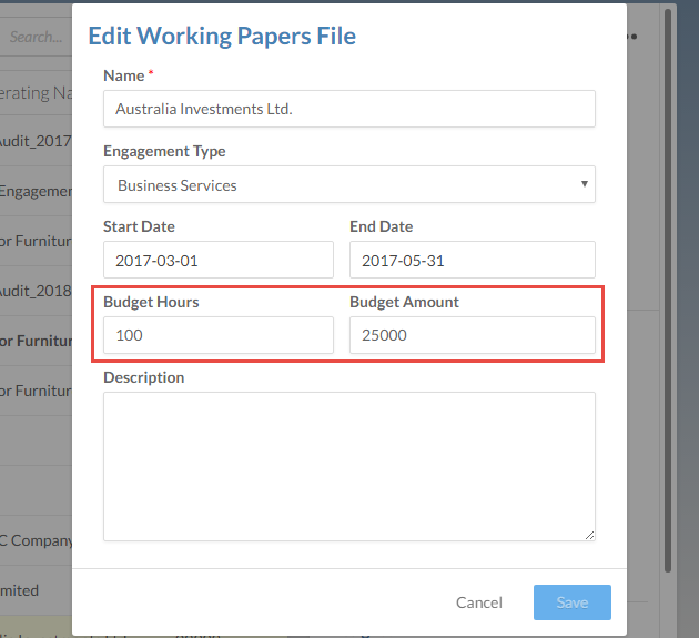 Enter the number of hours of work budgeted for this engagement and the budgeted cost.