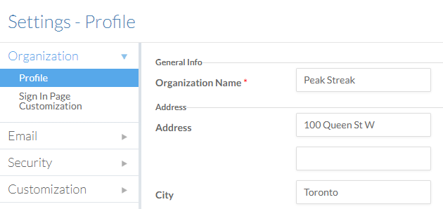 An orginization profile displayed on the Settings page.