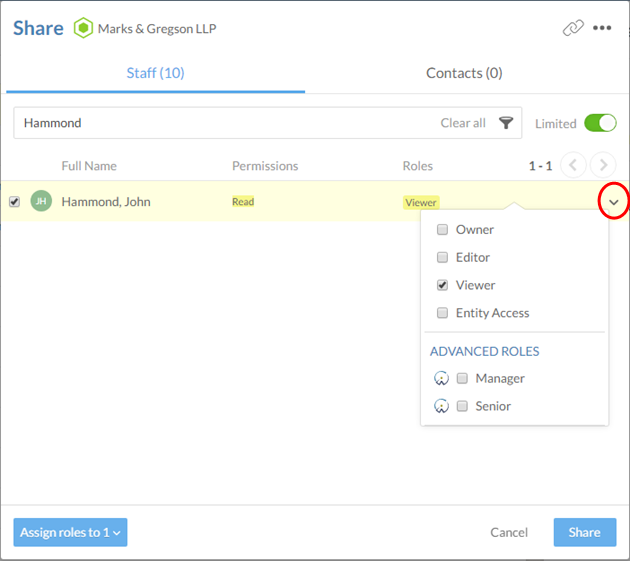As you select roles for this user, the roles and permissions are displayed with a yellow background to indicate what the user will receive once you share the entity.