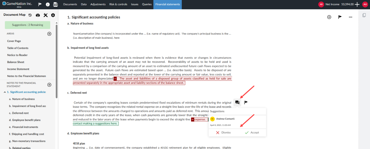 the user interface for staff to review client contact suggestions in a financial statement