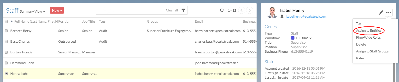 Select Assign to Entities to modify entity assignments. 