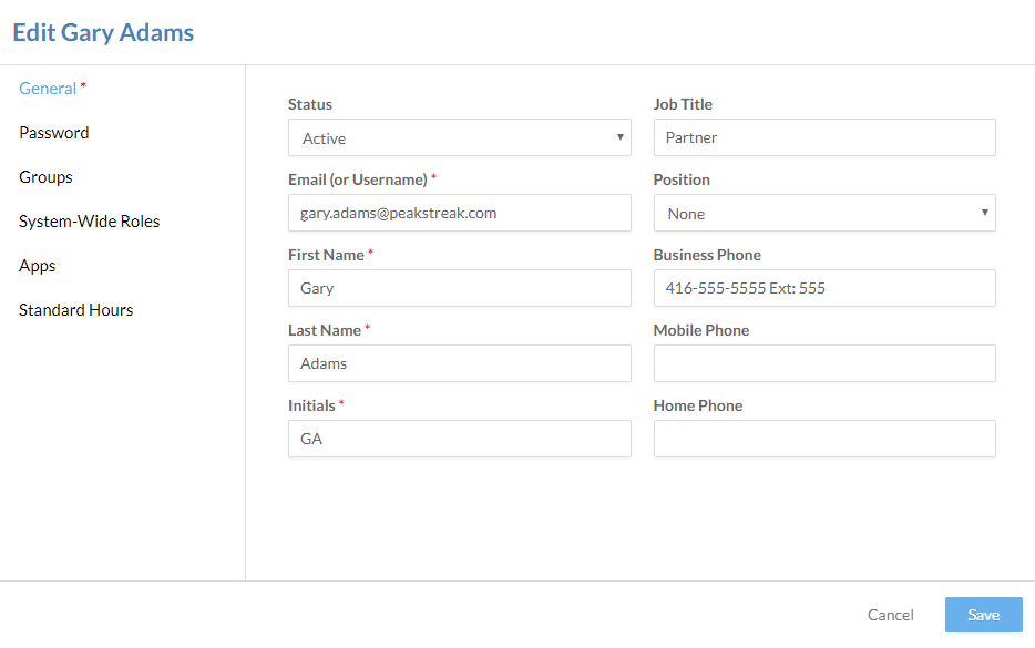 Edit staff account - General tab