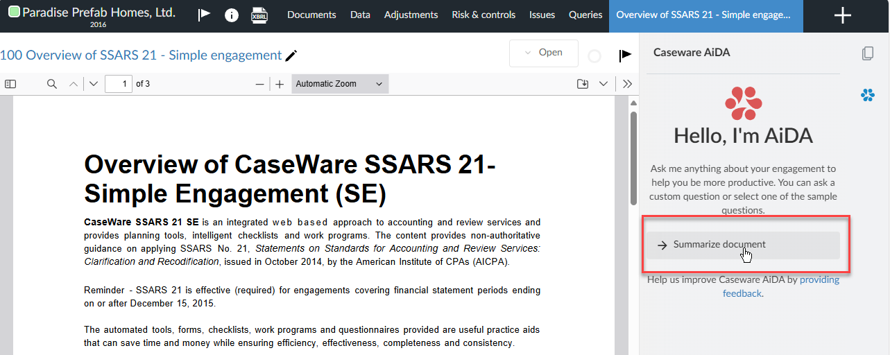 Selecting the Summarize option in AiDA.