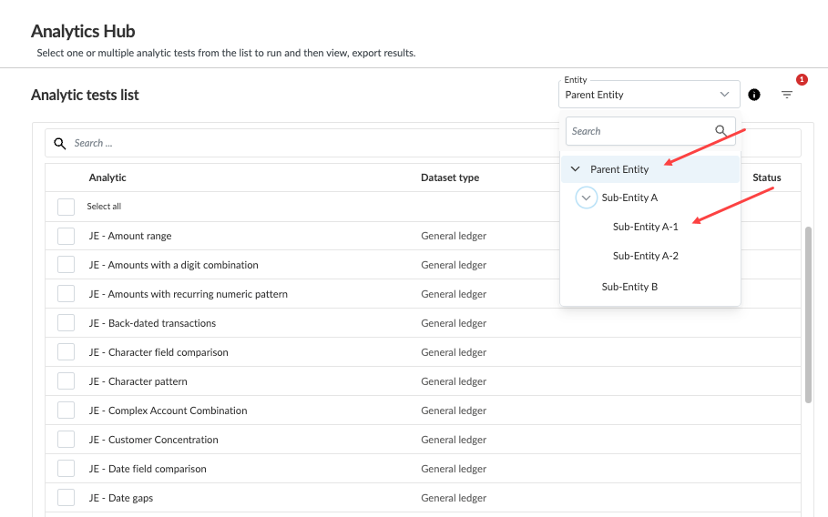 The user interface for selecting consolidated entities for analytic tests