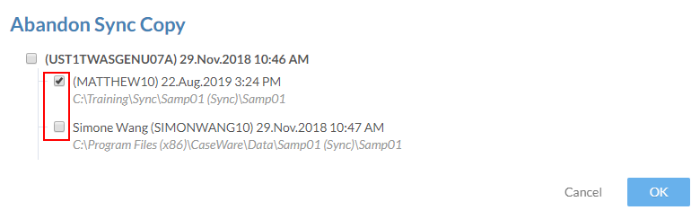 Select specific sync copies to abandon only those copies.