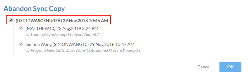 Select the parent file to abandon all sync copies.