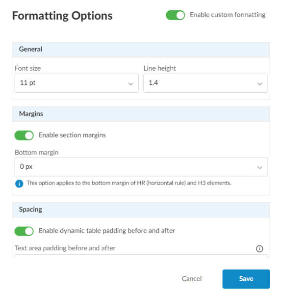 The Fomatting options dialog.