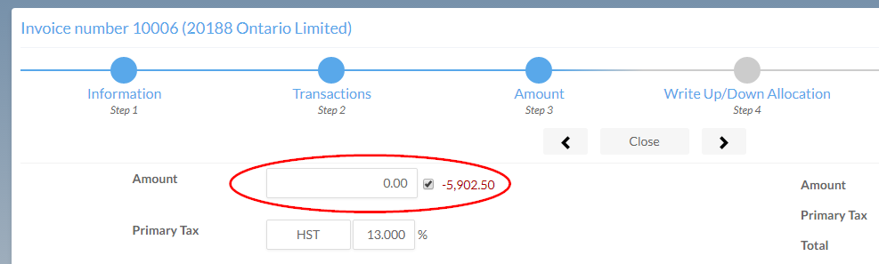 The Amount field set to zero.