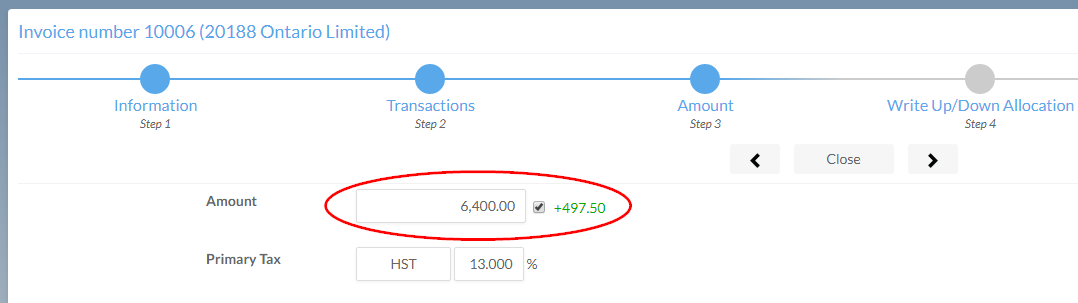 The Amount field with the write up amount displayed.