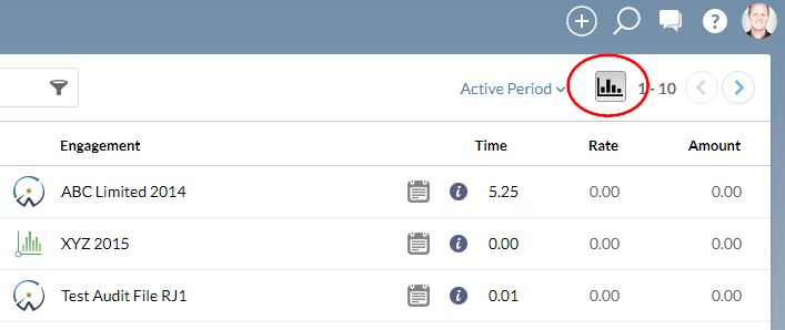 All the time entries for the chosen range are displayed. Click the Summary Totals icon to display widgets that summarize the time entry information.