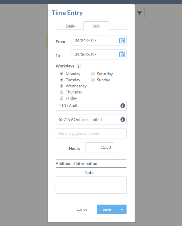 Create time entries in bulk with the Bulk tab of the Time Entry dialog. 