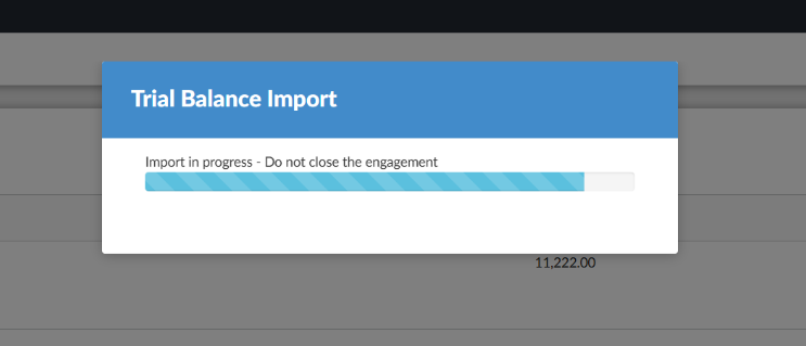 Trial Balance Import pop-up with progress bar.