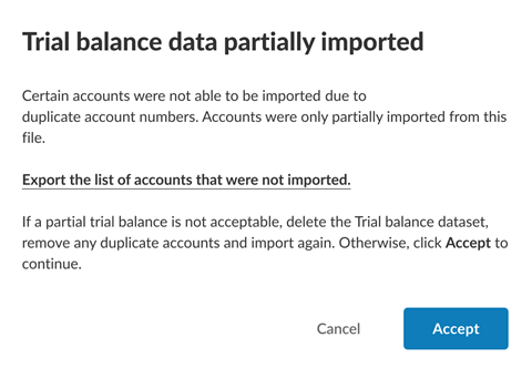 Trial balance data partially imported dialog prompting you to export the list of duplicate accounts