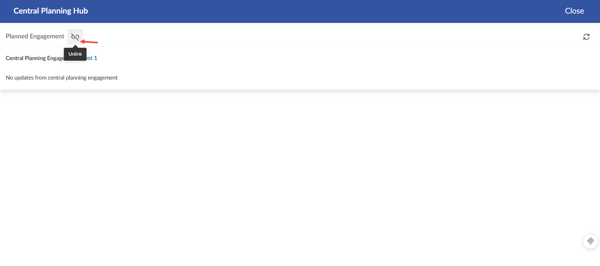 The user interface for selecting the Unlink button in the central planning hub.
