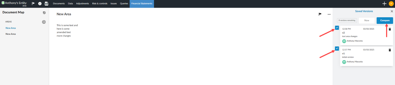 the dialog box for selecting versions to compare within the financial statement