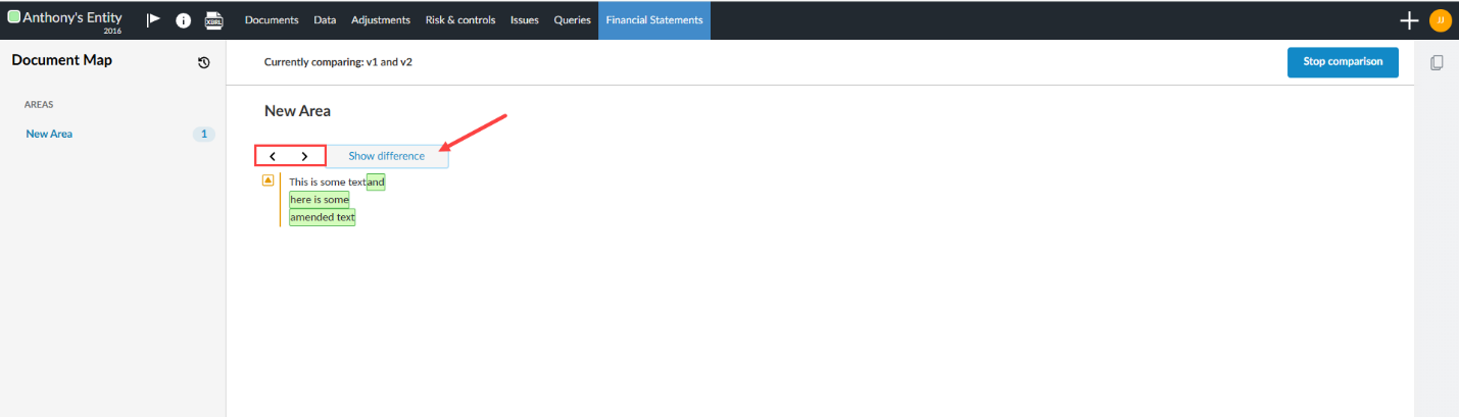 The user interface for toggling between versions in the financial statement as well as to show the difference between the two.