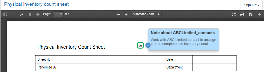 Physical Inventory Count Sheet with note added