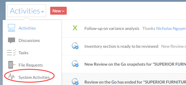 Activities drop-down dispolaying System Activities